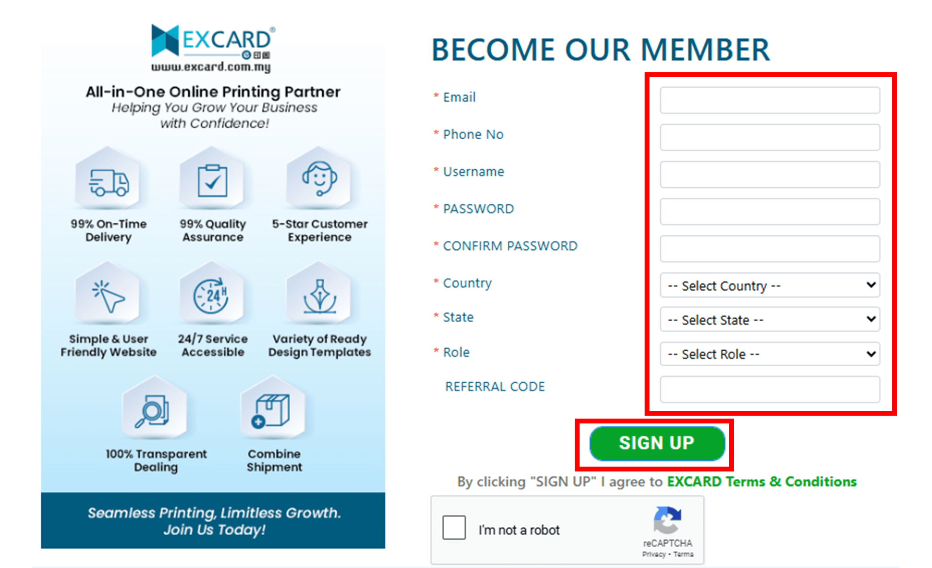 User registration eprinting website form with fields for email, phone number, username, password and country.