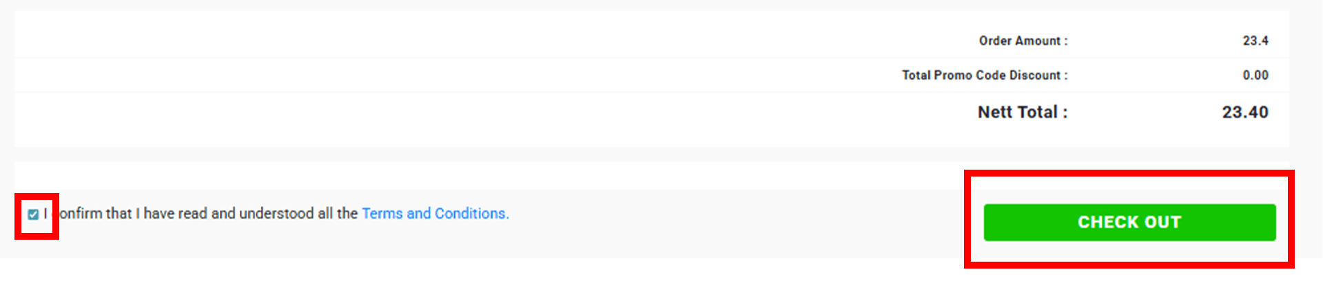 User confirming printing order and clicking the checkout button after agreeing to printing terms and conditions.