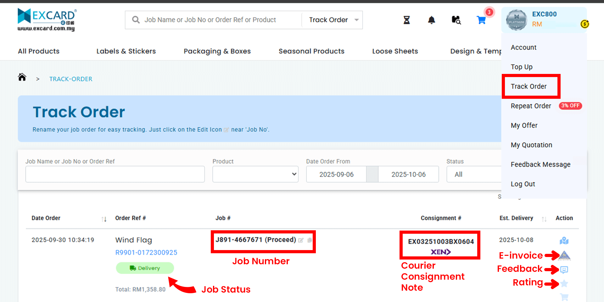 Track printing order page displaying job status, job number, consignment number, e-invoice, feedback form and rating options.