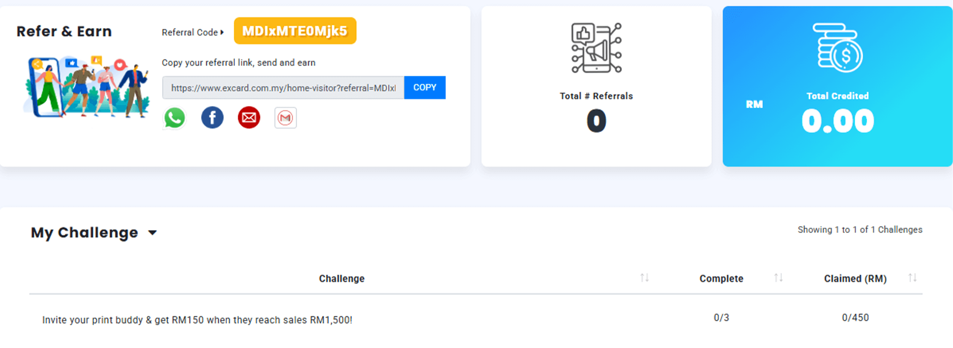 Printing referral program page showing option to refer friends and earn rewards when they exceed the purchase limit.