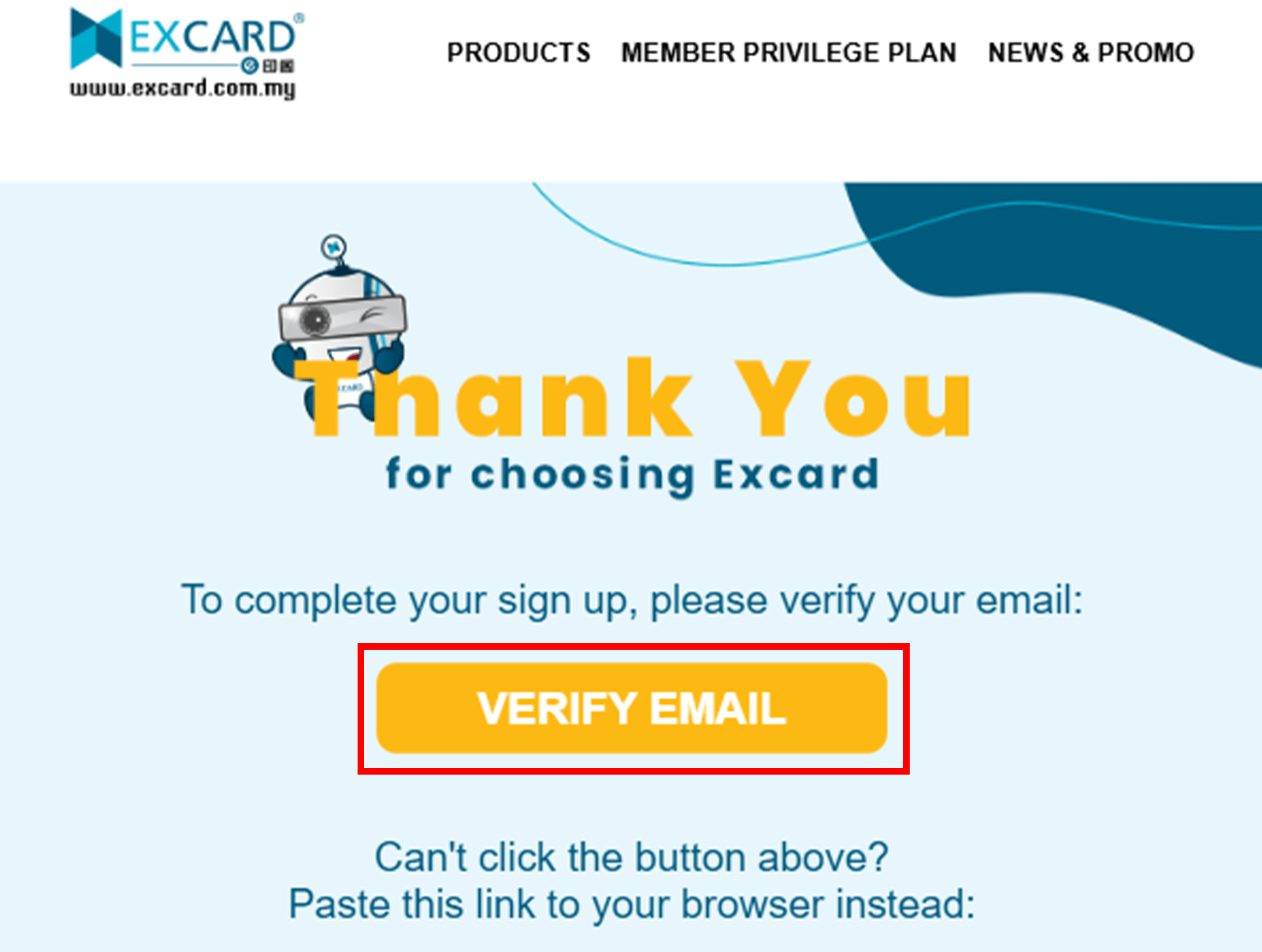 Verification email received in user's inbox with a button to confirm eprinting website account registration.