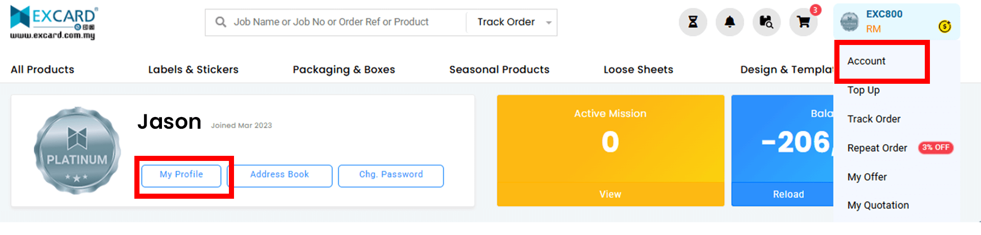 Printing agents clicking the 'Account' option from top right dropdown menu.