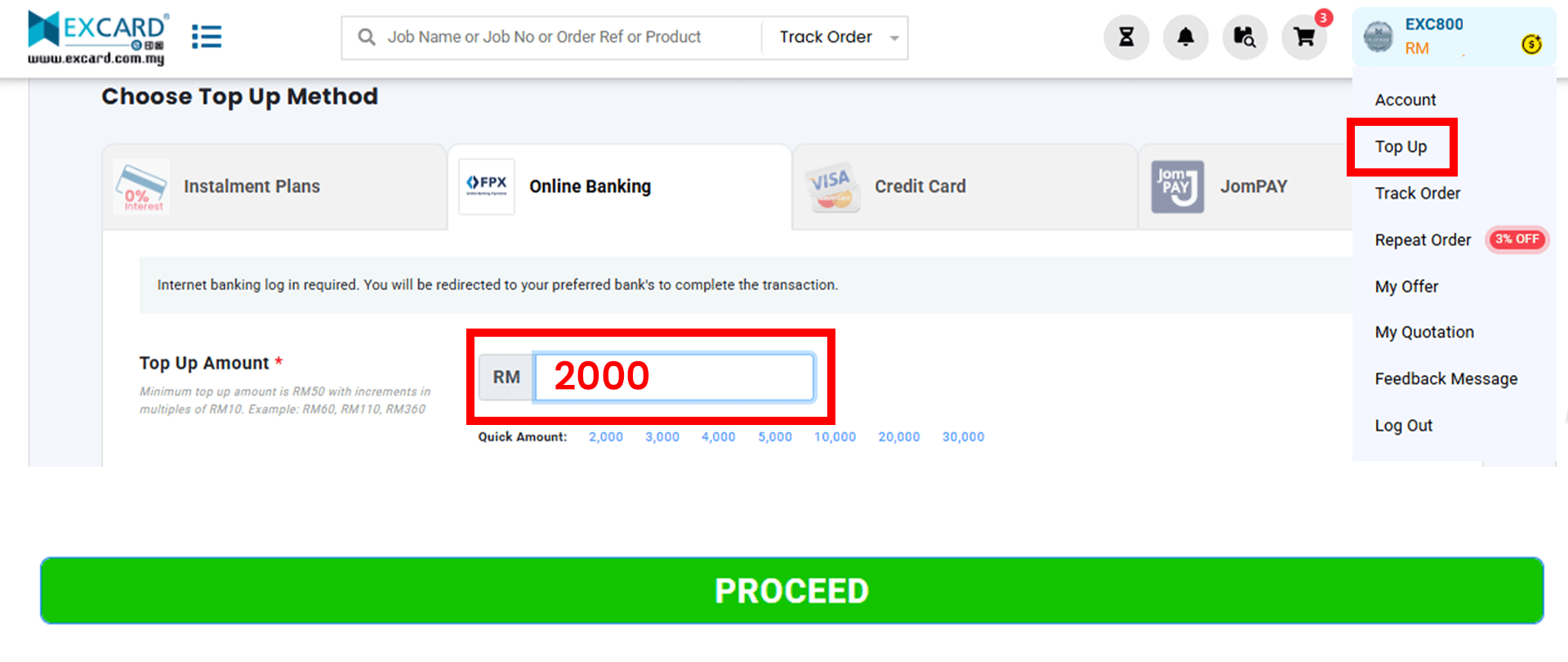 Top up option highlighted in the eprinting website user account dropdown menu.