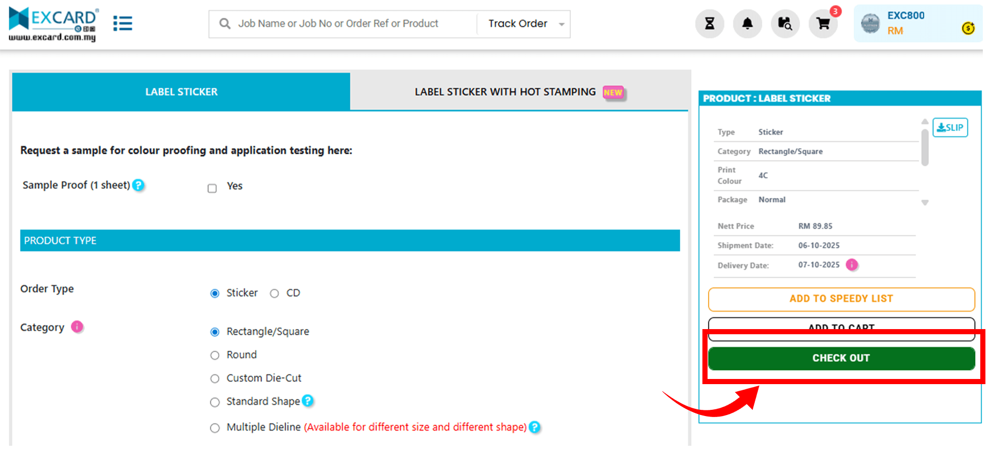 Checkout button displayed on the right side of the printing order summary section.