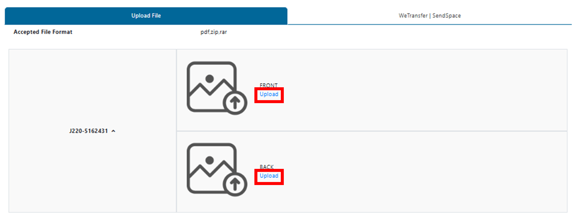 Upload artwork section with an 'Upload' button for submitting printing design files.