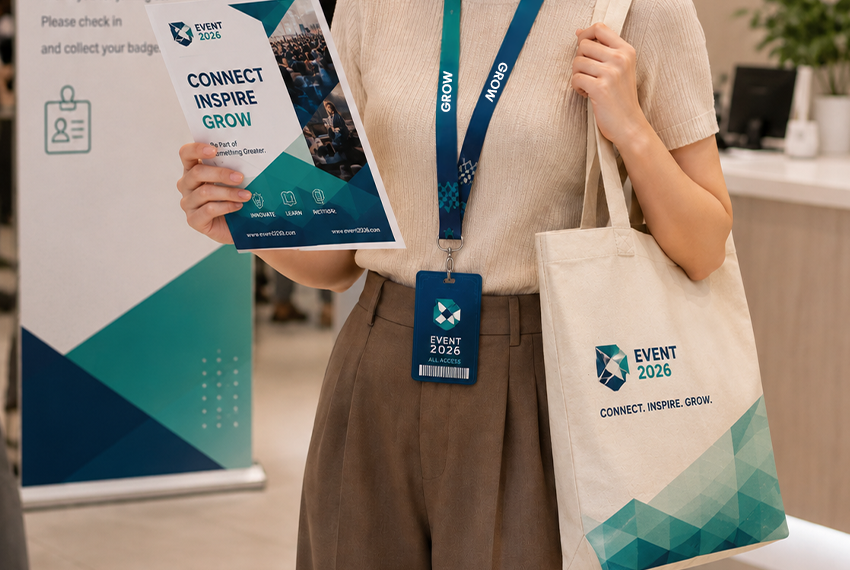 Event registration materials including registration forms, name tags, lanyards, welcome kits and event displays