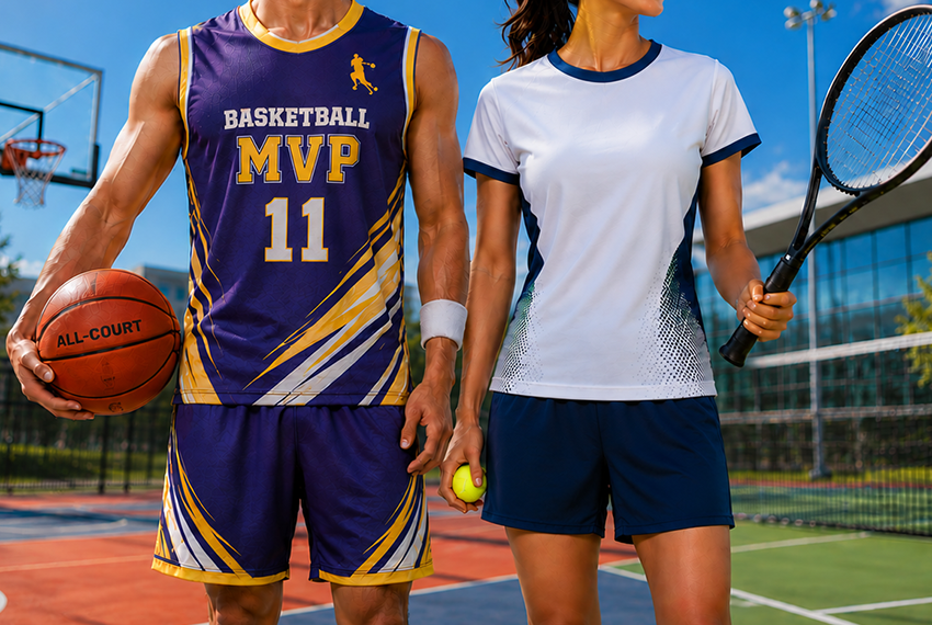 Sports event branding materials including participant t-shirts, banners, certificates and promotional displays