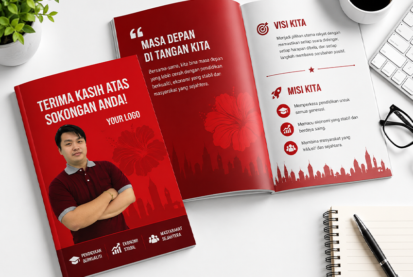 Political campaign booklet design for election candidates featuring party branding, campaign messages and voter outreach materials