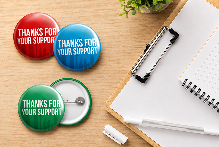Political campaign button badge design with candidate logo, election slogan and party branding for supporter merchandise