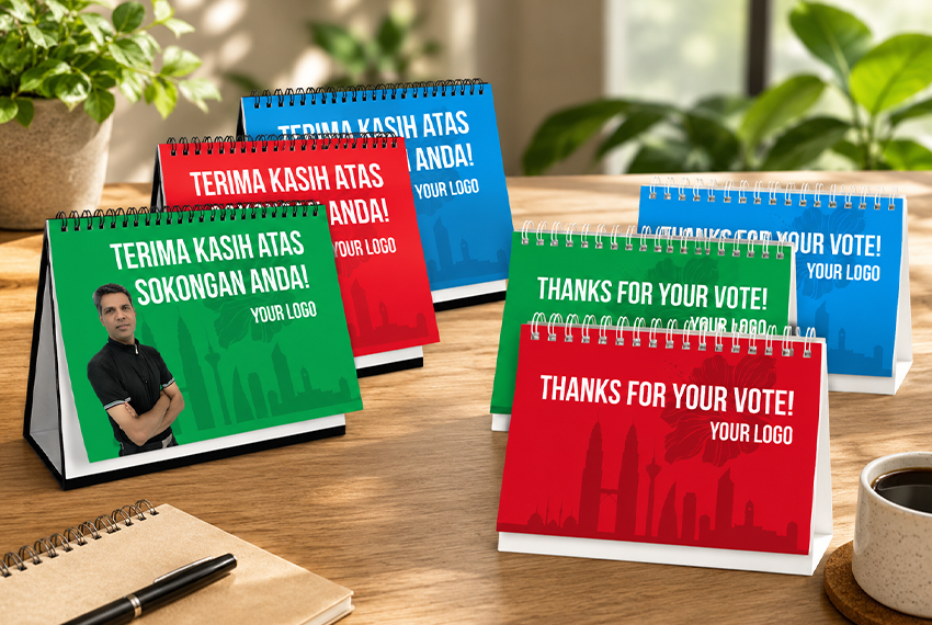 Political election desk calendar design featuring candidate branding, campaign schedule and promotional artwork