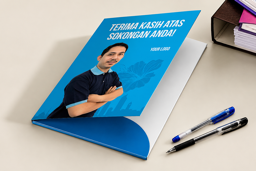 Political campaign presentation folder design with election branding, party logo and professional campaign materials