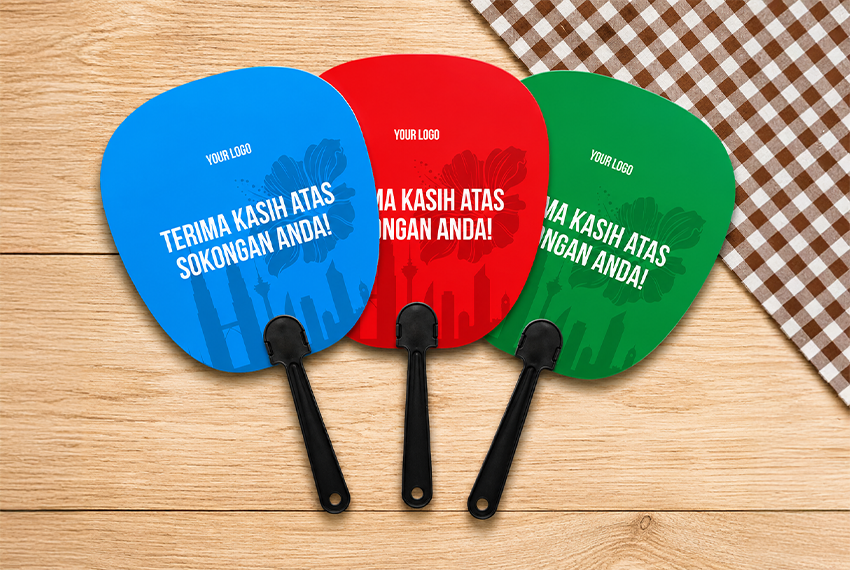 Political campaign hand fan design featuring candidate photo, election slogan and party promotional graphics