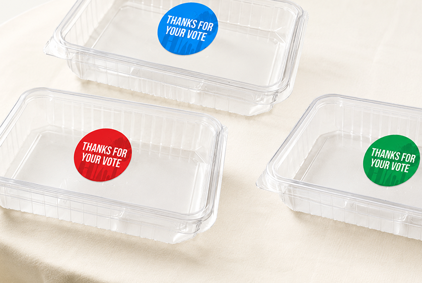 Political election label sticker design with campaign logo, candidate branding and voter awareness messaging