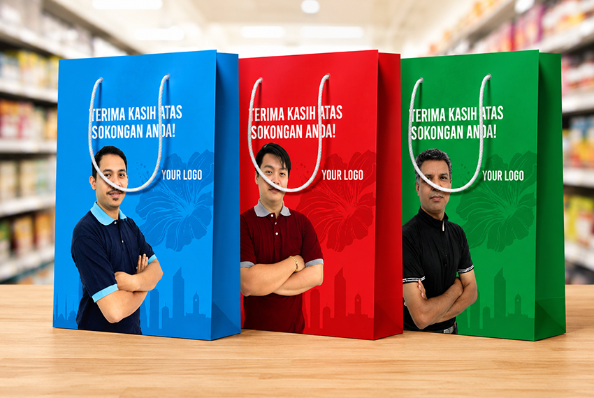 Political campaign paper bag design with party logo, election branding and candidate promotional graphics