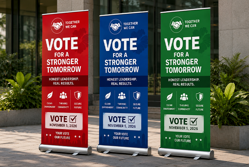 Political campaign roll up stand banner design featuring candidate profile, election messaging and party branding