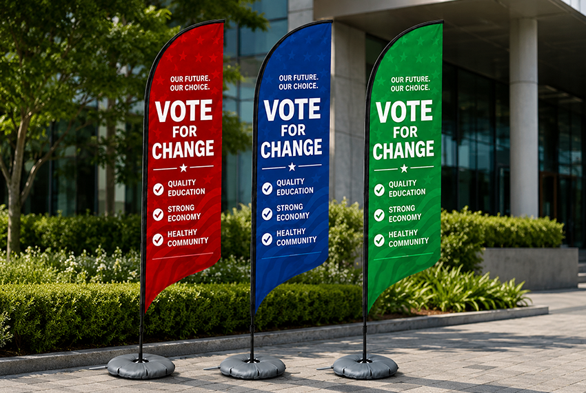 Political election wind flag design with campaign logo, candidate slogan and outdoor promotional branding