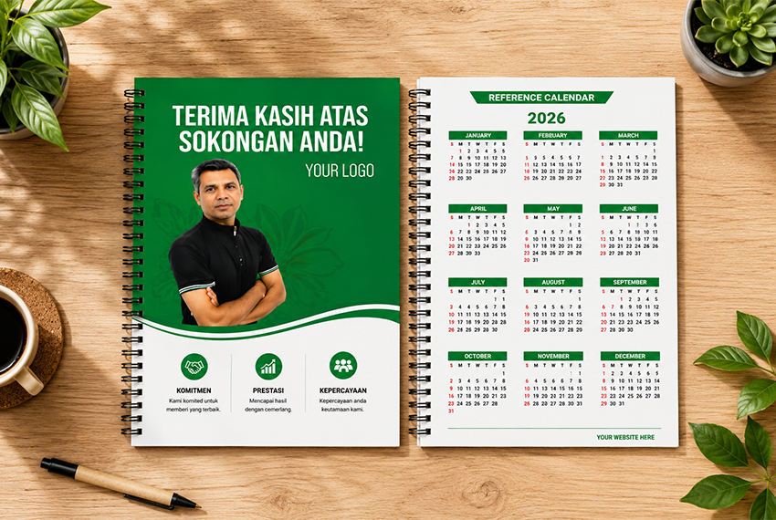 Political campaign Wire-O notebook design featuring party branding, candidate identity and election promotional artwork