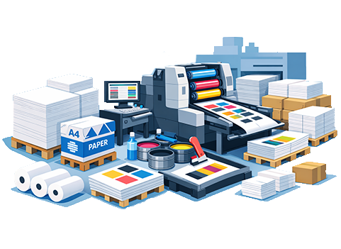 Industrial offset printing press with CMYK ink rollers producing colorful prints, surrounded by stacks of A4 paper, pallets, packaging boxes, and printing supplies in a modern print shop.